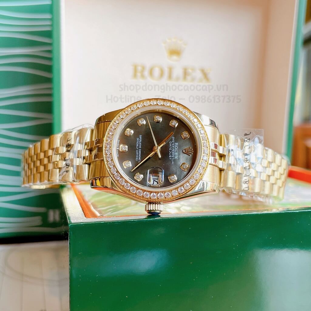 Đồng Hồ Rolex Datejust Cơ Tự Động Nữ Vàng Mặt Đen Xà Cừ Đính Đá 31mm