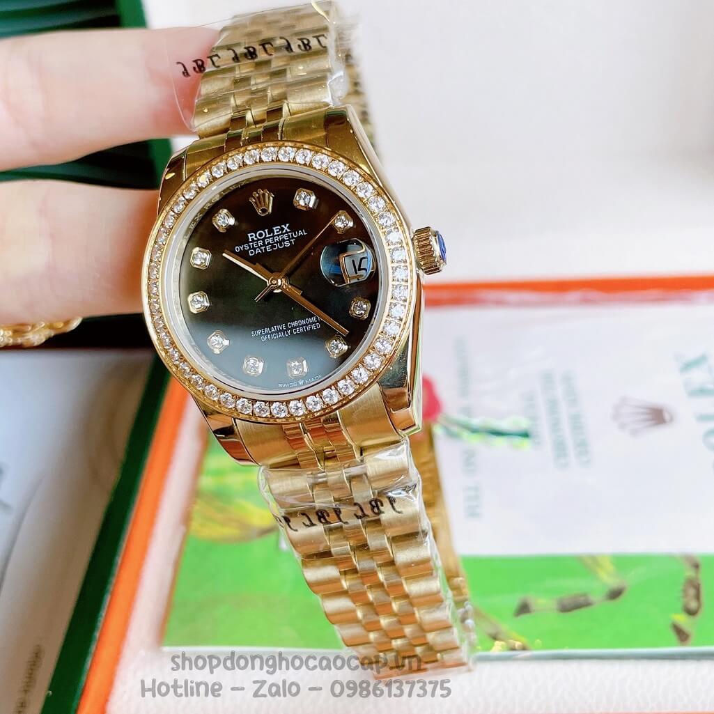 Đồng Hồ Rolex Datejust Cơ Tự Động Nữ Vàng Mặt Đen Xà Cừ Đính Đá 31mm