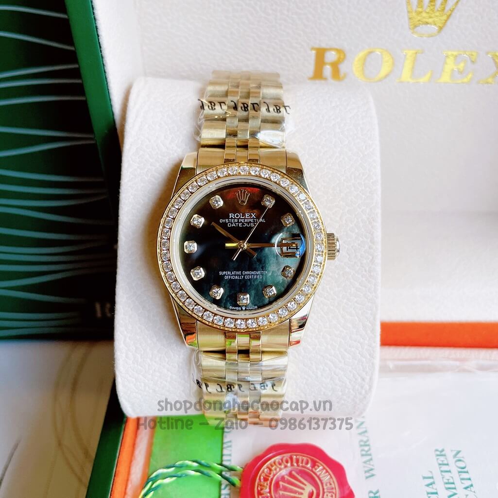 Đồng Hồ Rolex Datejust Cơ Tự Động Nữ Vàng Mặt Đen Xà Cừ Đính Đá 31mm