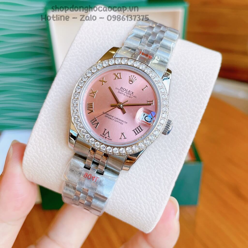 Đồng Hồ Rolex Datejust Cơ Tự Động Nữ Bạc Mặt Hồng Đính Đá 31mm