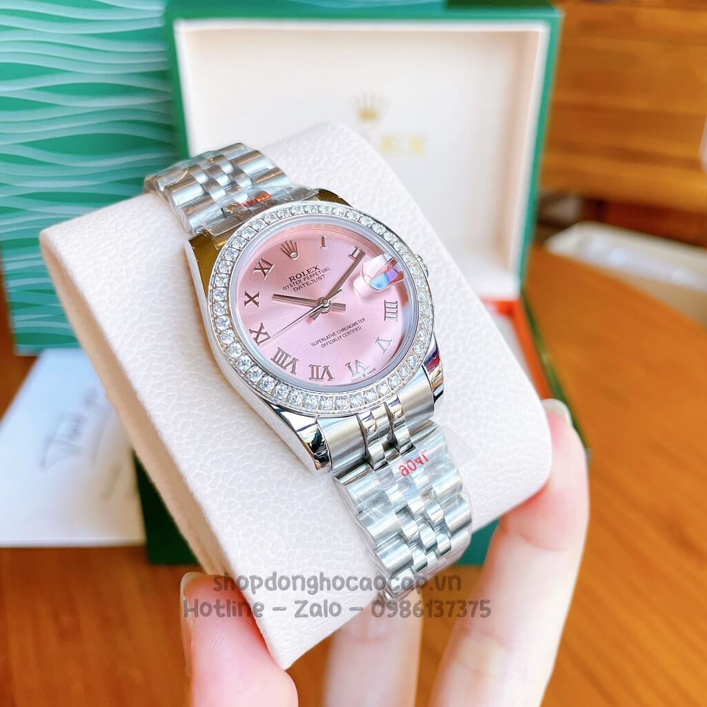 Đồng Hồ Rolex Datejust Cơ Tự Động Nữ Bạc Mặt Hồng Đính Đá 31mm