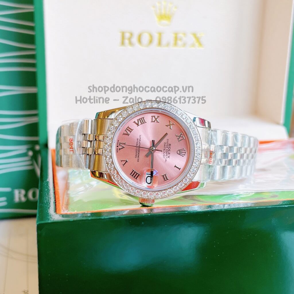 Đồng Hồ Rolex Datejust Cơ Tự Động Nữ Bạc Mặt Hồng Đính Đá 31mm