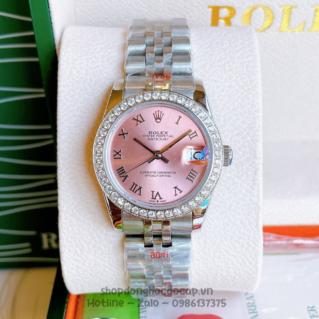 Đồng Hồ Rolex Datejust Cơ Tự Động Nữ Bạc Mặt Hồng Đính Đá 31mm