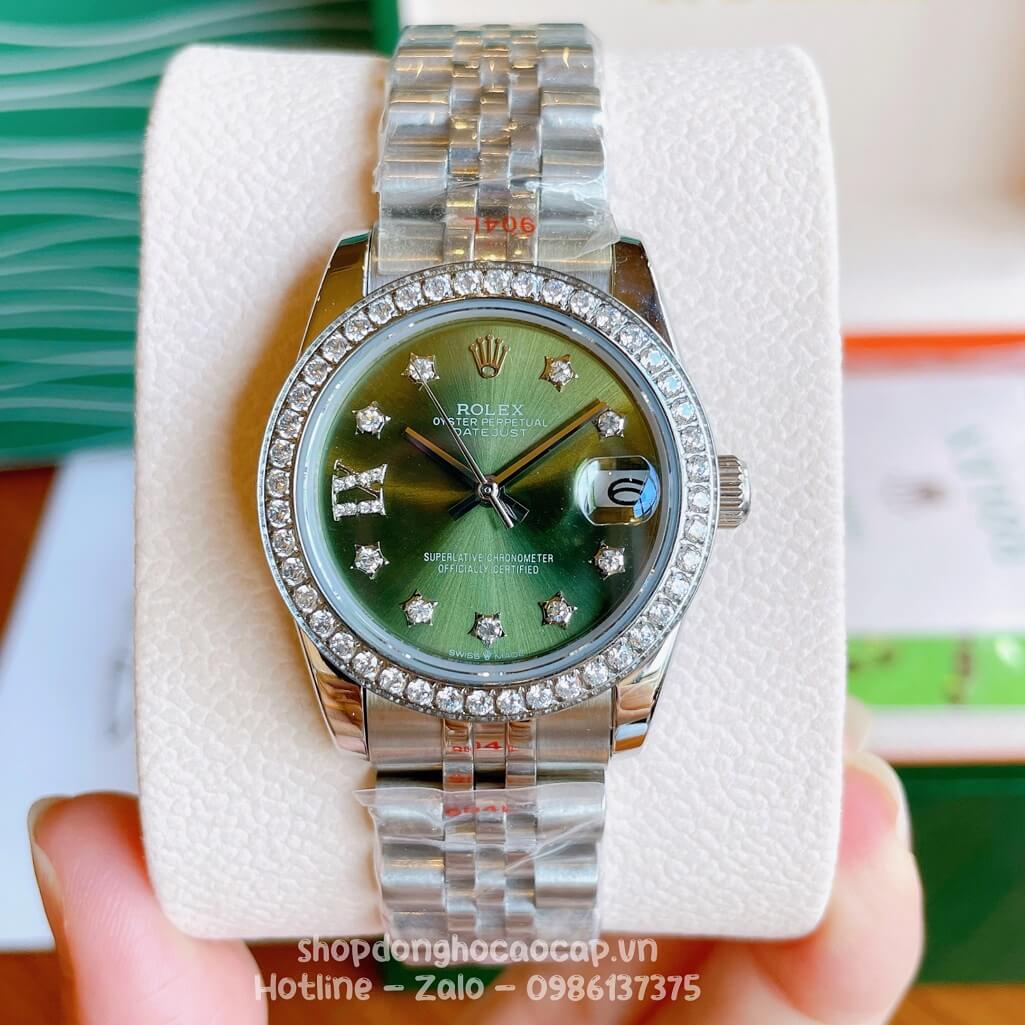 Đồng Hồ Rolex Datejust Cơ Tự Động Nữ Bạc Mặt Xanh Lục Đính Đá 31mm