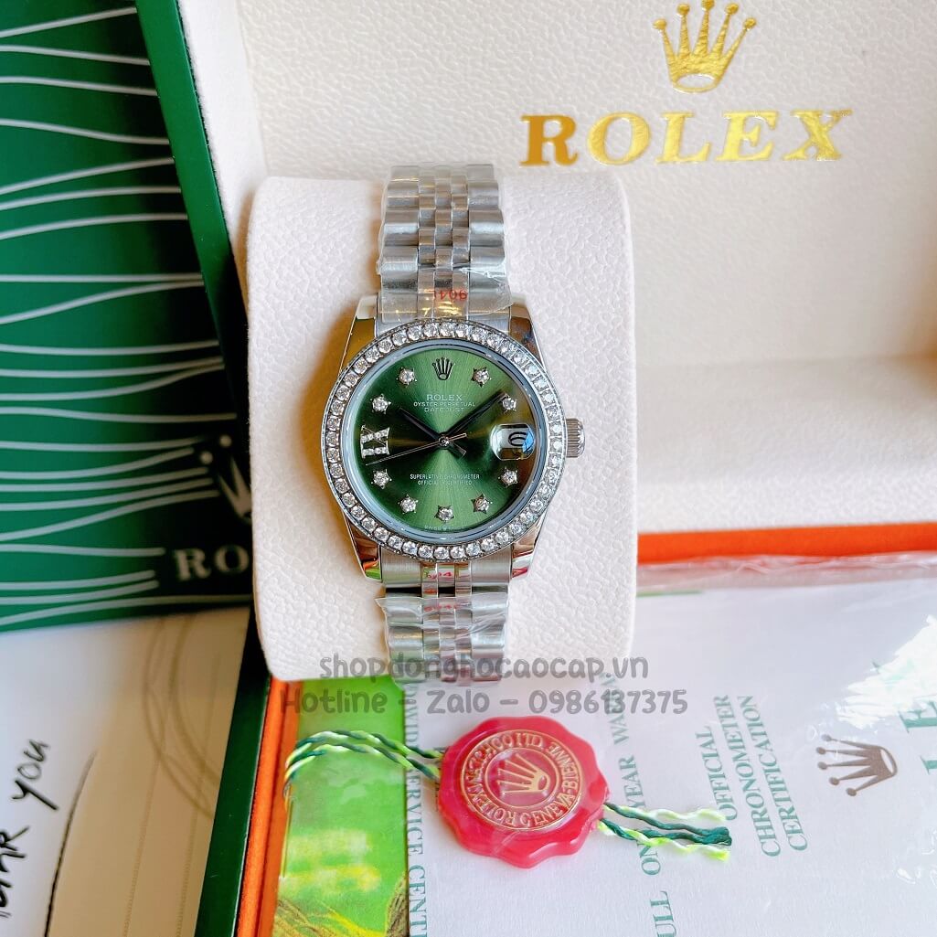 Đồng Hồ Rolex Datejust Cơ Tự Động Nữ Bạc Mặt Xanh Lục Đính Đá 31mm