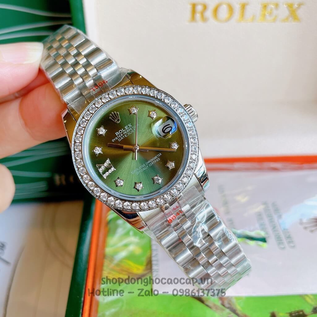 Đồng Hồ Rolex Datejust Cơ Tự Động Nữ Bạc Mặt Xanh Lục Đính Đá 31mm