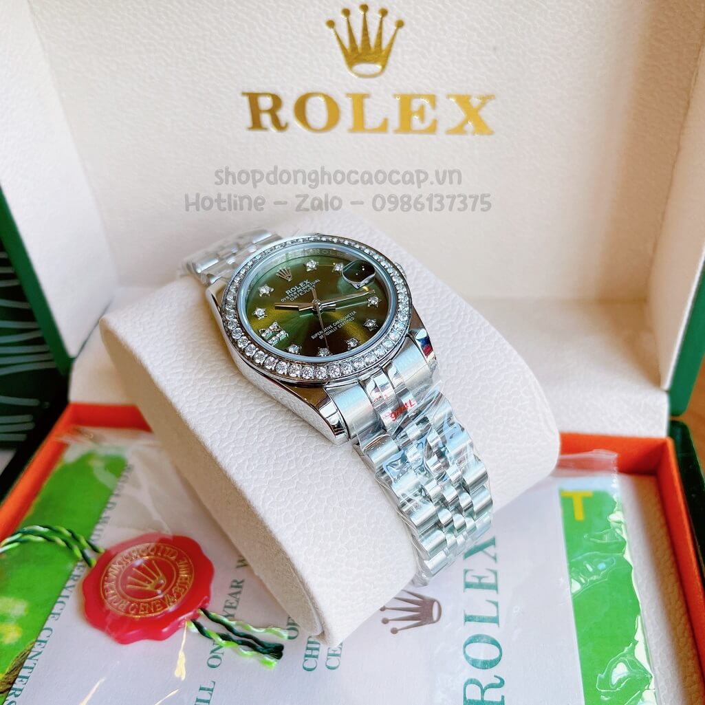 Đồng Hồ Rolex Datejust Cơ Tự Động Nữ Bạc Mặt Xanh Lục Đính Đá 31mm
