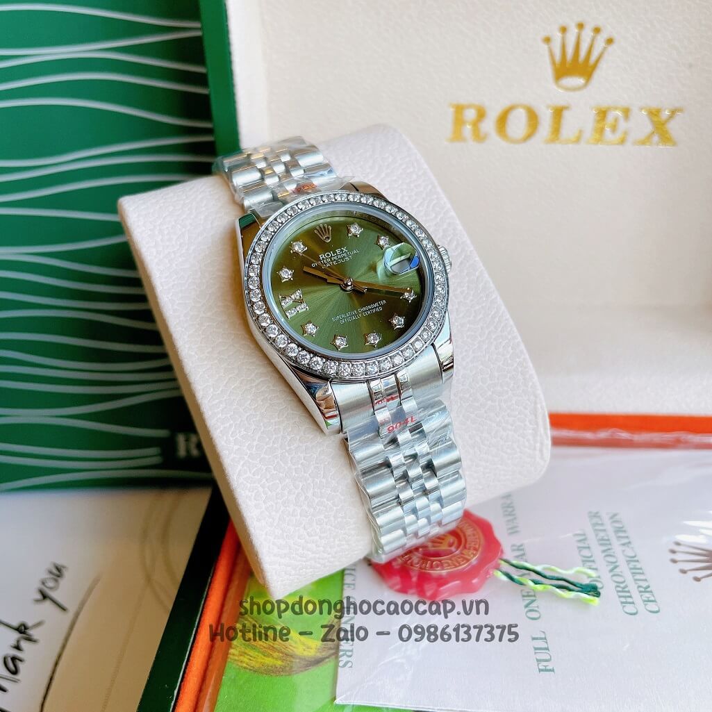 Đồng Hồ Rolex Datejust Cơ Tự Động Nữ Bạc Mặt Xanh Lục Đính Đá 31mm