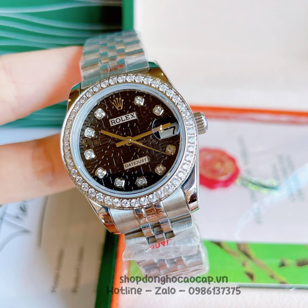Đồng Hồ Rolex Datejust Cơ Tự Động Nữ Bạc Mặt Đen 3D Đính Đá 31mm
