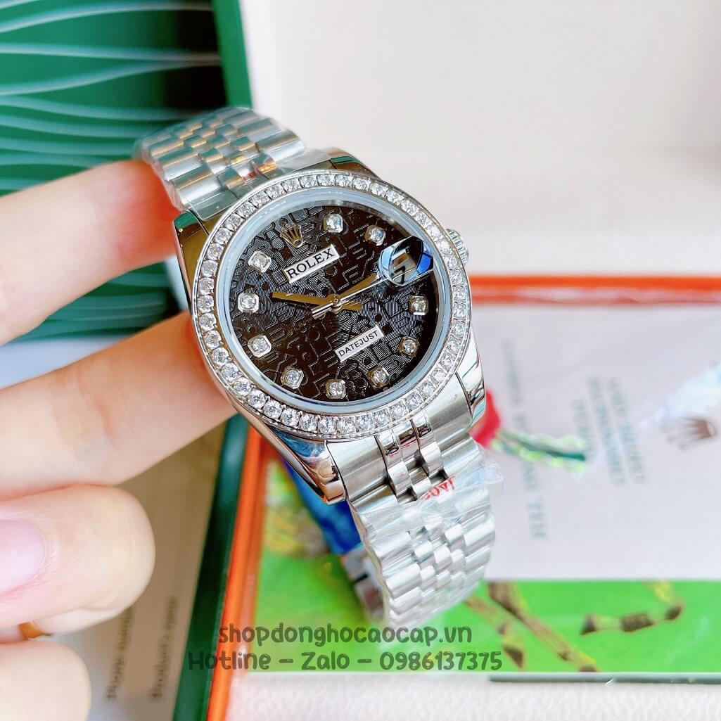 Đồng Hồ Rolex Datejust Cơ Tự Động Nữ Bạc Mặt Đen 3D Đính Đá 31mm