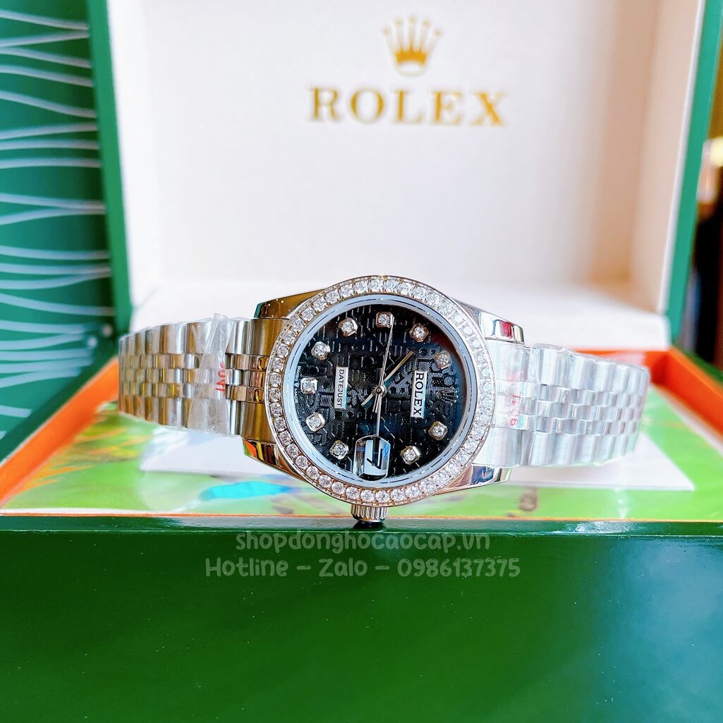 Đồng Hồ Rolex Datejust Cơ Tự Động Nữ Bạc Mặt Đen 3D Đính Đá 31mm