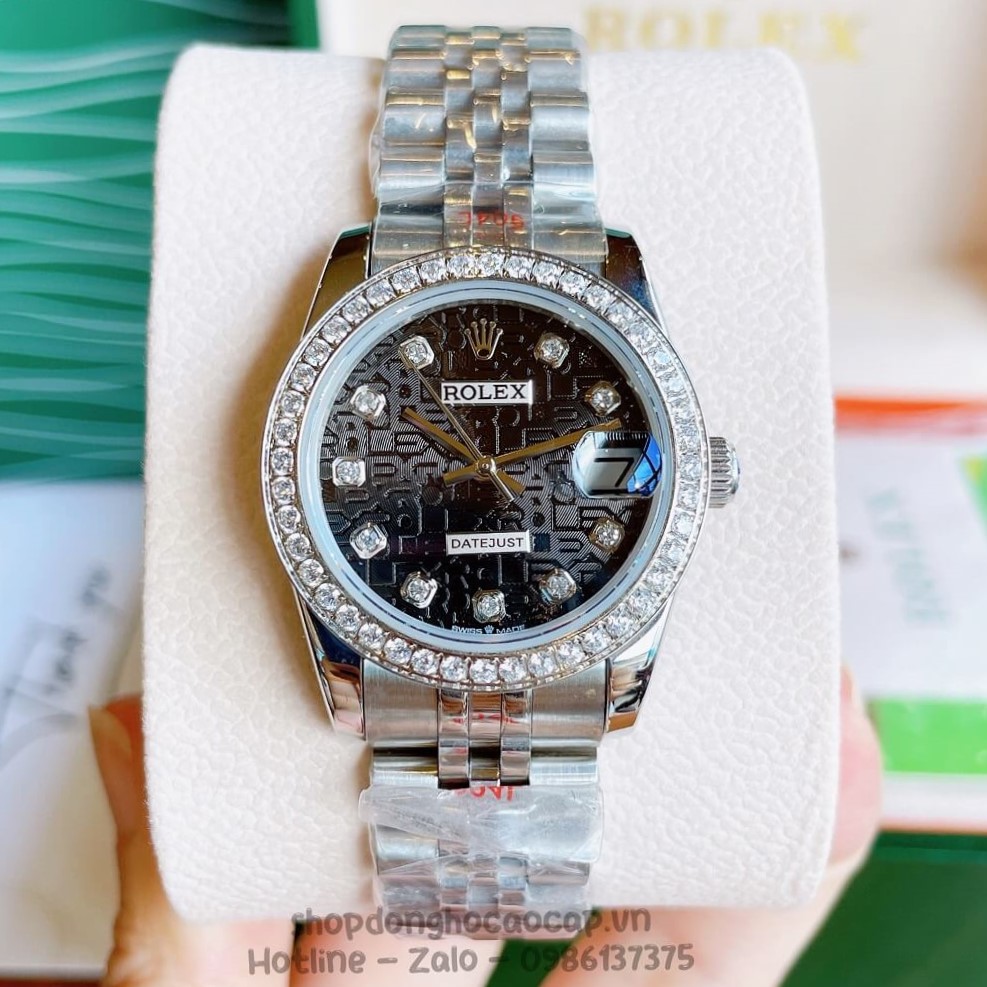 Đồng Hồ Rolex Datejust Cơ Tự Động Nữ Bạc Mặt Đen 3D Đính Đá 31mm