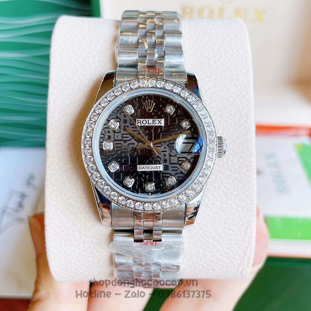 Đồng Hồ Rolex Datejust Cơ Tự Động Nữ Bạc Mặt Đen 3D Đính Đá 31mm