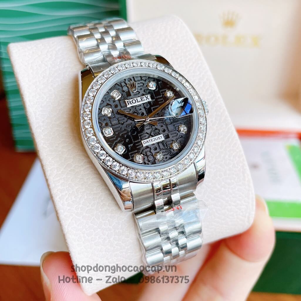 Đồng Hồ Rolex Datejust Cơ Tự Động Nữ Bạc Mặt Đen 3D Đính Đá 31mm