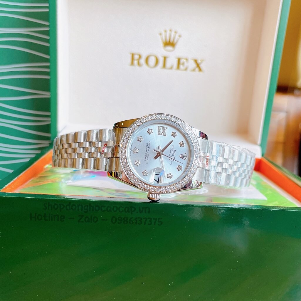 Đồng Hồ Rolex Datejust Cơ Tự Động Nữ Bạc Mặt Trắng Sữa Đính Đá 31mm