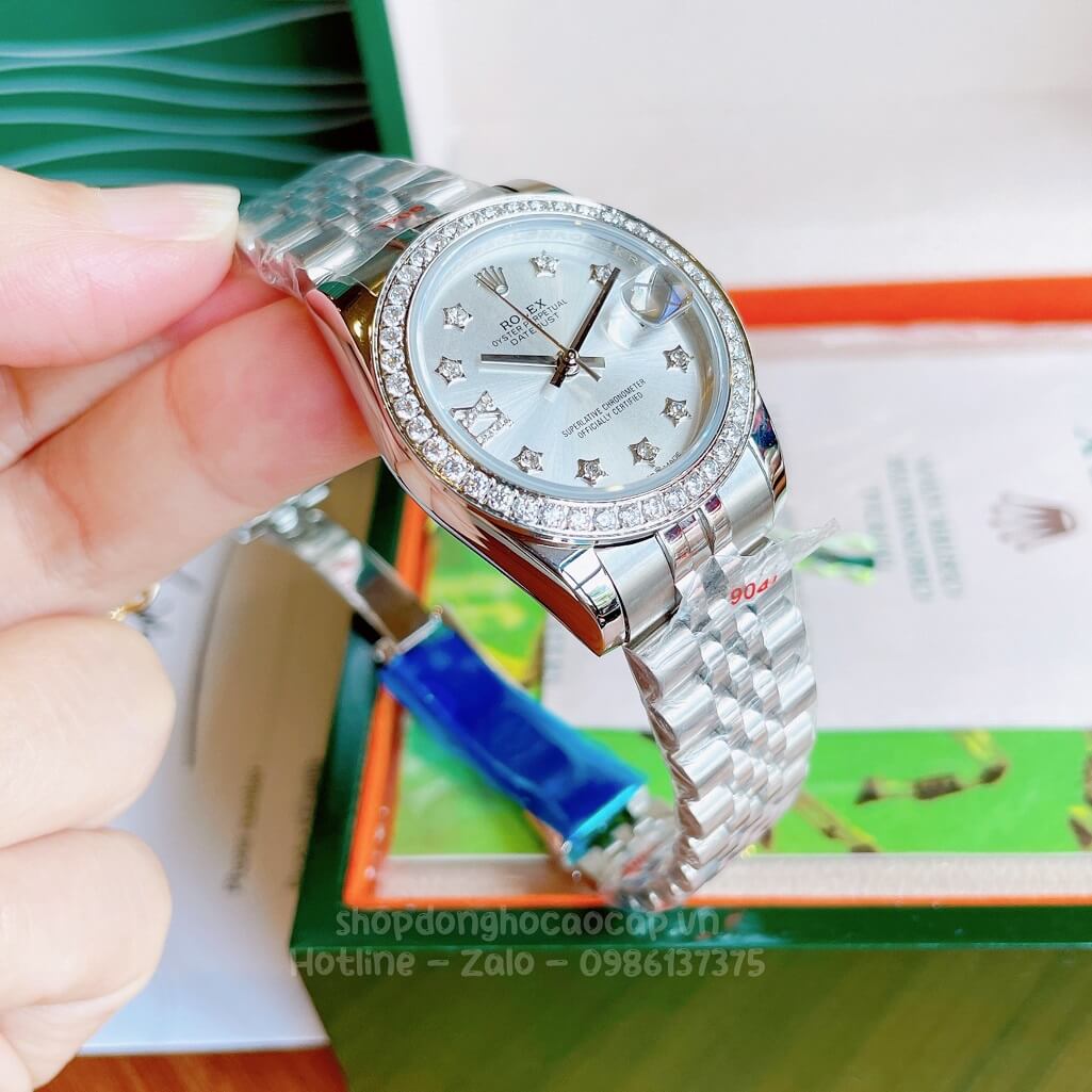 Đồng Hồ Rolex Datejust Cơ Tự Động Nữ Bạc Mặt Trắng Sữa Đính Đá 31mm