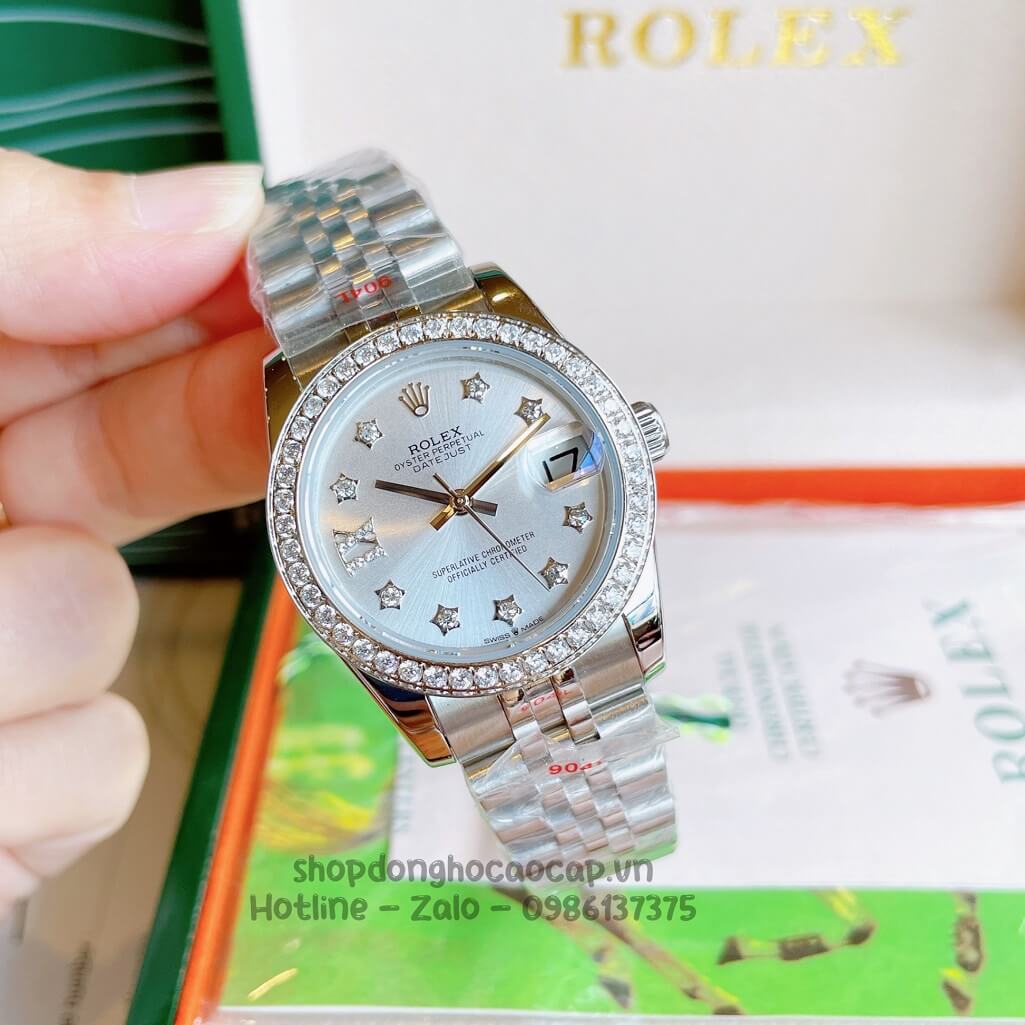 Đồng Hồ Rolex Datejust Cơ Tự Động Nữ Bạc Mặt Trắng Sữa Đính Đá 31mm