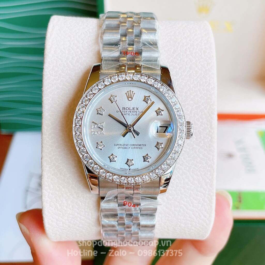 Đồng Hồ Rolex Datejust Cơ Tự Động Nữ Bạc Mặt Trắng Sữa Đính Đá 31mm