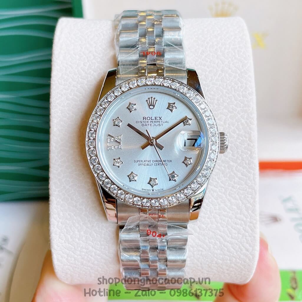 Đồng Hồ Rolex Datejust Cơ Tự Động Nữ Bạc Mặt Trắng Sữa Đính Đá 31mm