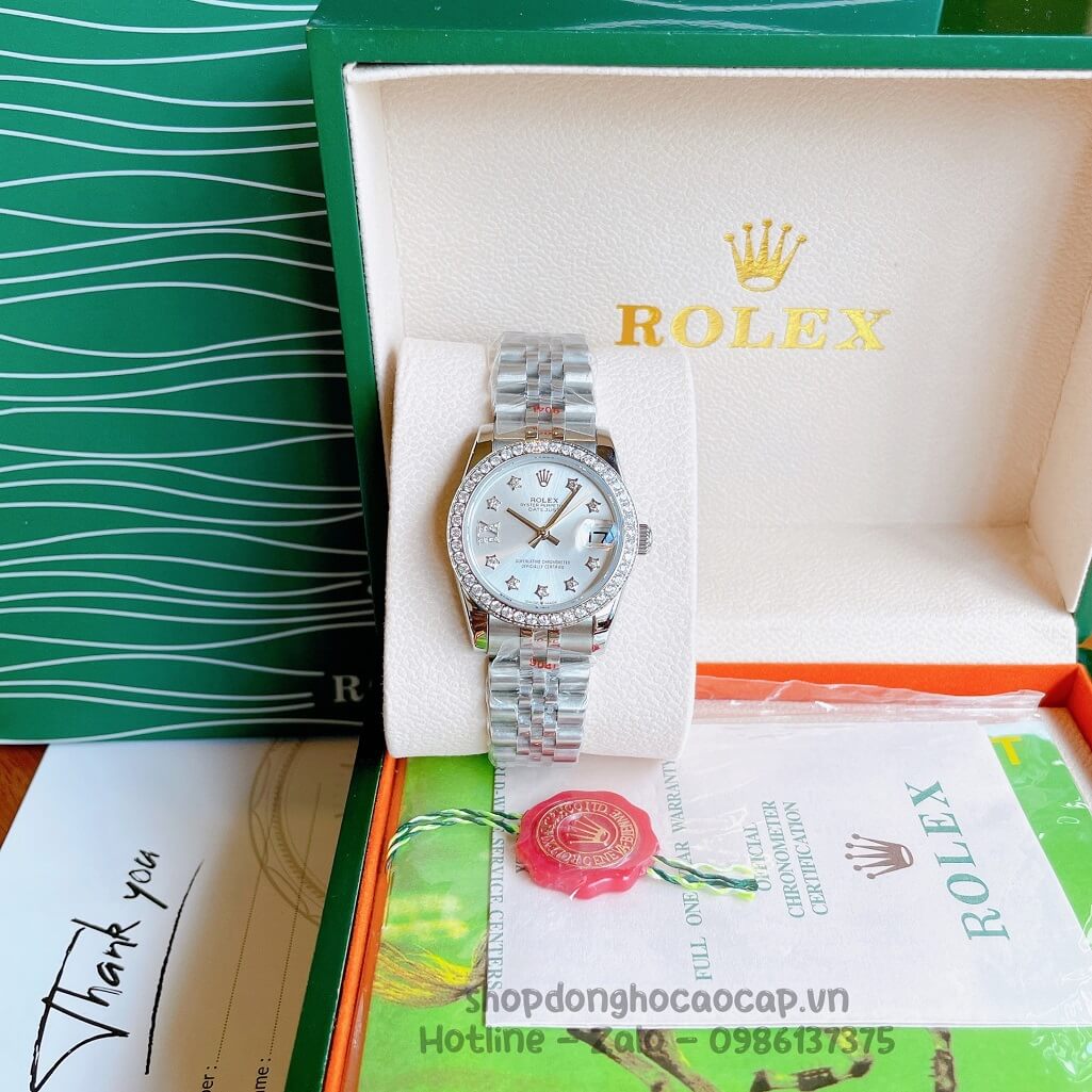 Đồng Hồ Rolex Datejust Cơ Tự Động Nữ Bạc Mặt Trắng Sữa Đính Đá 31mm