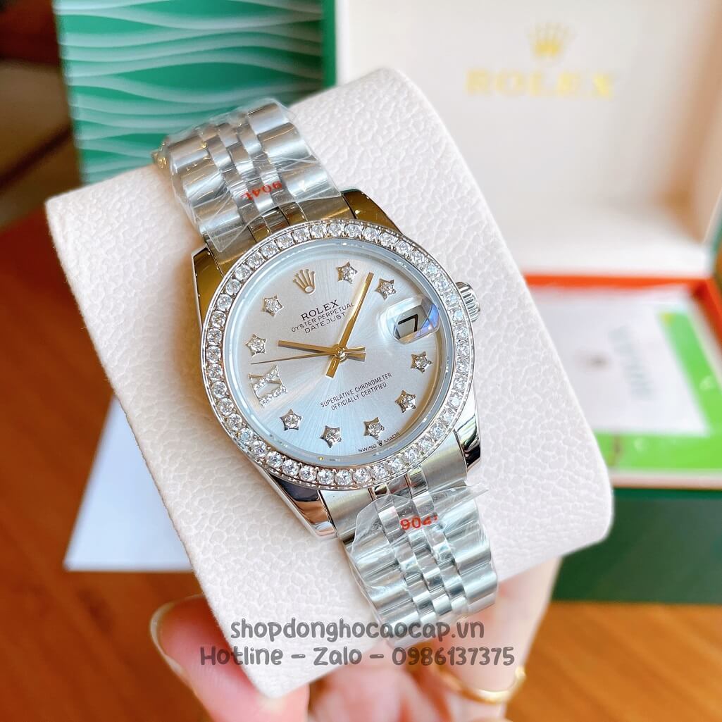 Đồng Hồ Rolex Datejust Cơ Tự Động Nữ Bạc Mặt Trắng Sữa Đính Đá 31mm