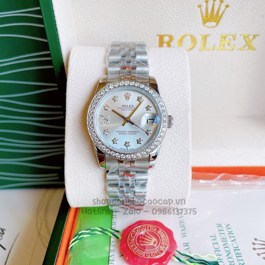 Đồng Hồ Rolex Datejust Cơ Tự Động Nữ Bạc Mặt Trắng Sữa Đính Đá 31mm