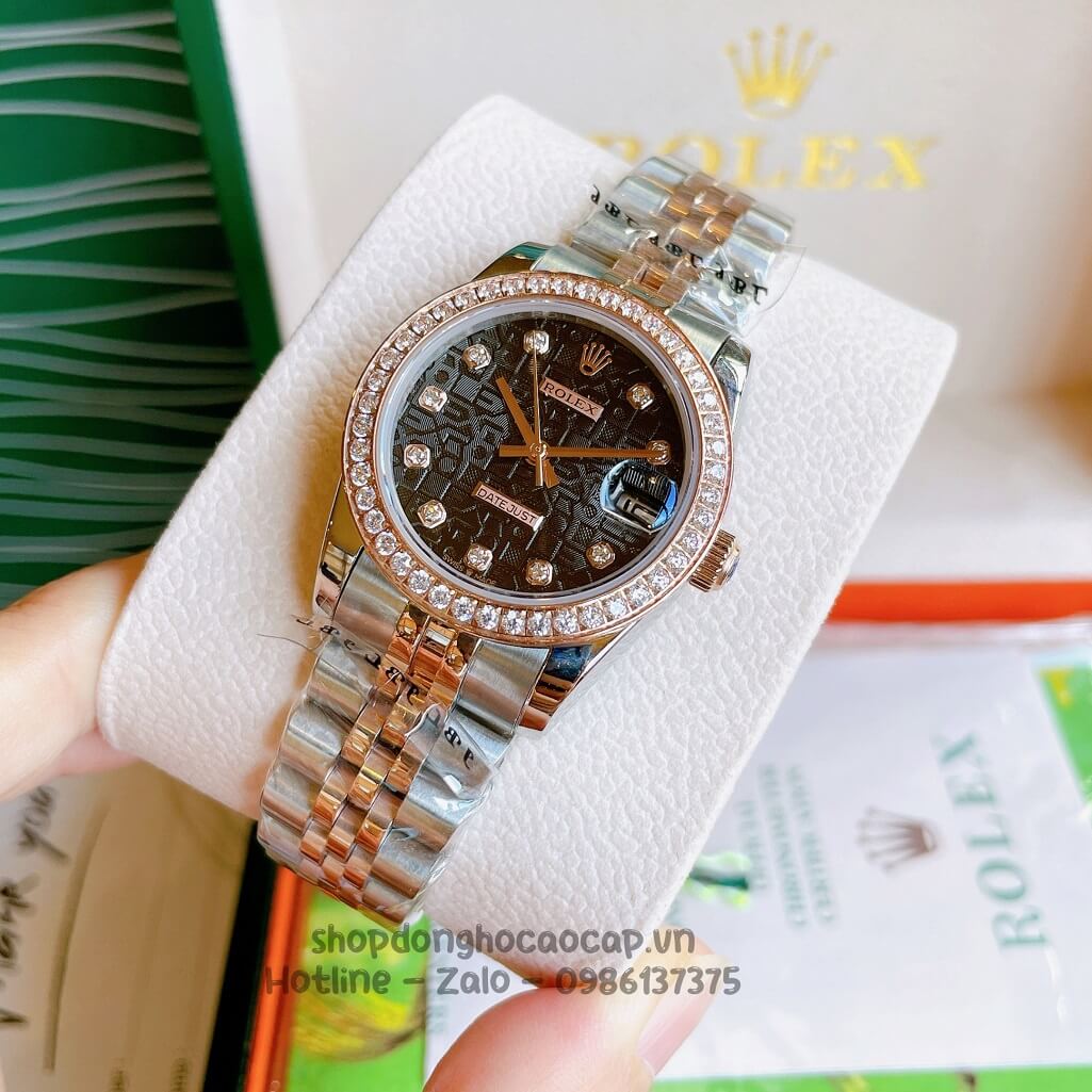 Đồng Hồ Rolex Datejust Cơ Tự Động Nữ Demi Rose Mặt Đen 3D Đính Đá 31mm