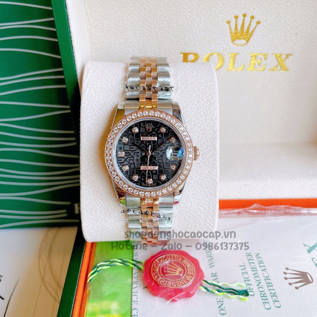 Đồng Hồ Rolex Datejust Cơ Tự Động Nữ Demi Rose Mặt Đen 3D Đính Đá 31mm