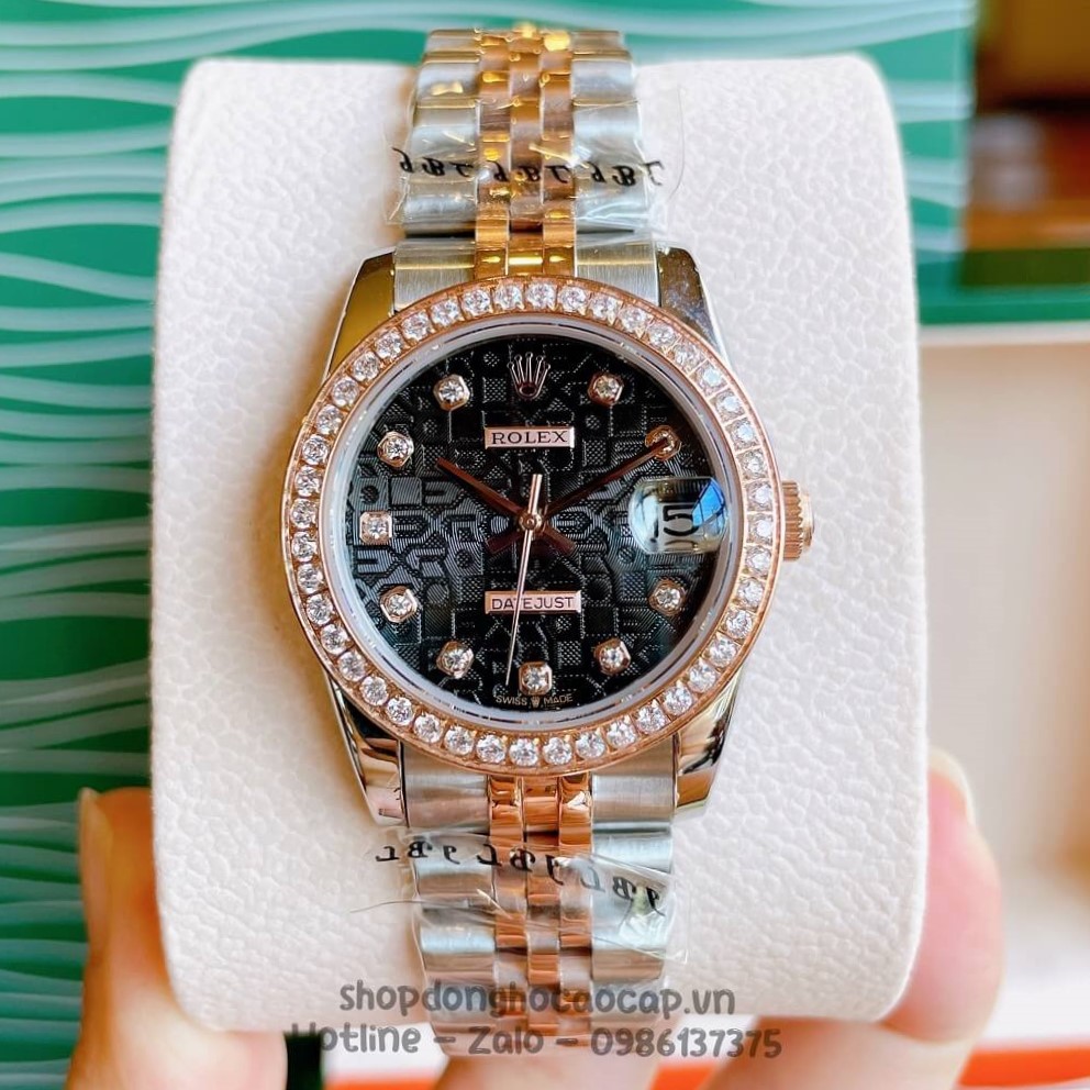 Đồng Hồ Rolex Datejust Cơ Tự Động Nữ Demi Rose Mặt Đen 3D Đính Đá 31mm