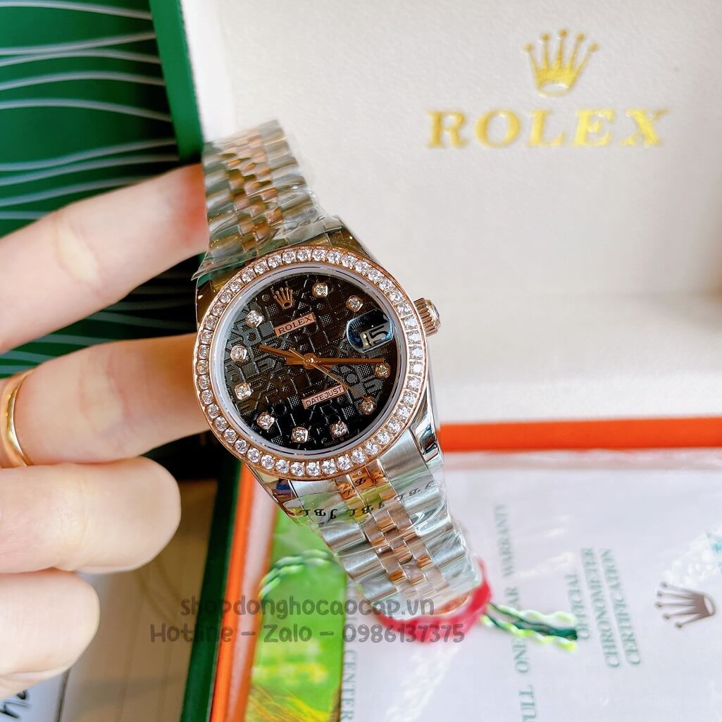 Đồng Hồ Rolex Datejust Cơ Tự Động Nữ Demi Rose Mặt Đen 3D Đính Đá 31mm