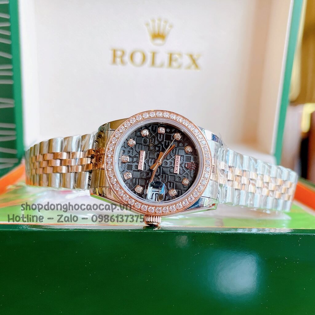 Đồng Hồ Rolex Datejust Cơ Tự Động Nữ Demi Rose Mặt Đen 3D Đính Đá 31mm