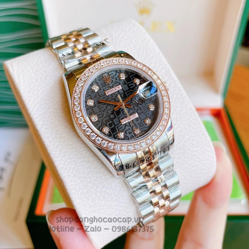 Đồng Hồ Rolex Datejust Cơ Tự Động Nữ Demi Rose Mặt Đen 3D Đính Đá 31mm