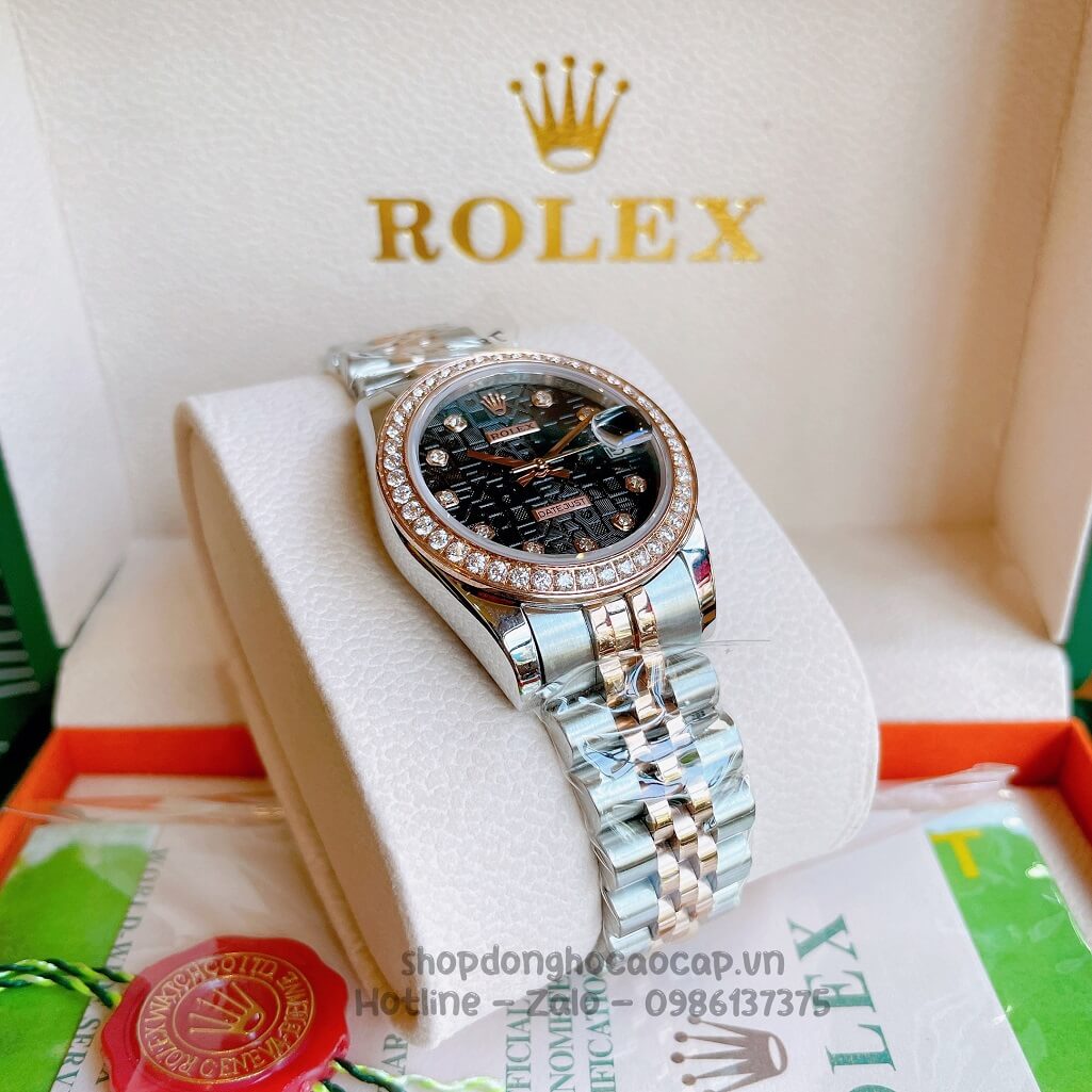 Đồng Hồ Rolex Datejust Cơ Tự Động Nữ Demi Rose Mặt Đen 3D Đính Đá 31mm