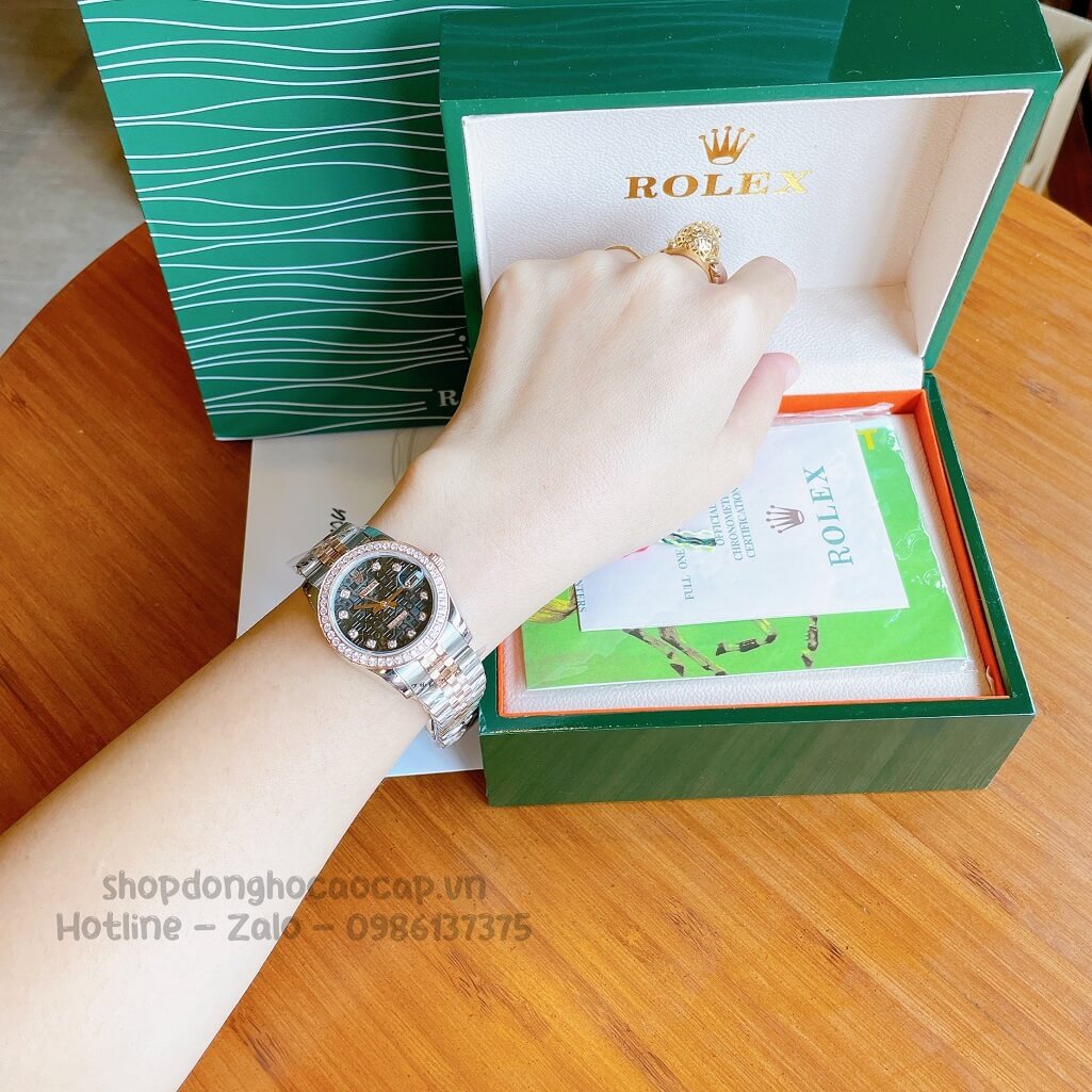 Đồng Hồ Rolex Datejust Cơ Tự Động Nữ Demi Rose Mặt Đen 3D Đính Đá 31mm