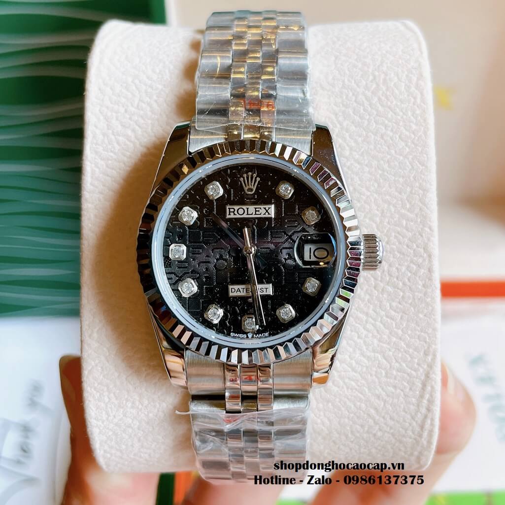Đồng Hồ Rolex Datejust Cơ Tự Động Nữ Kim Loại Silver Mặt Đen 3D 31mm