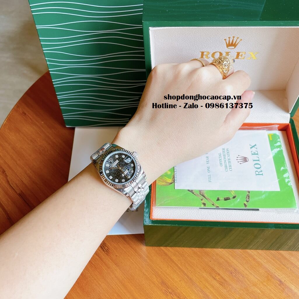 Đồng Hồ Rolex Datejust Cơ Tự Động Nữ Kim Loại Silver Mặt Đen 3D 31mm