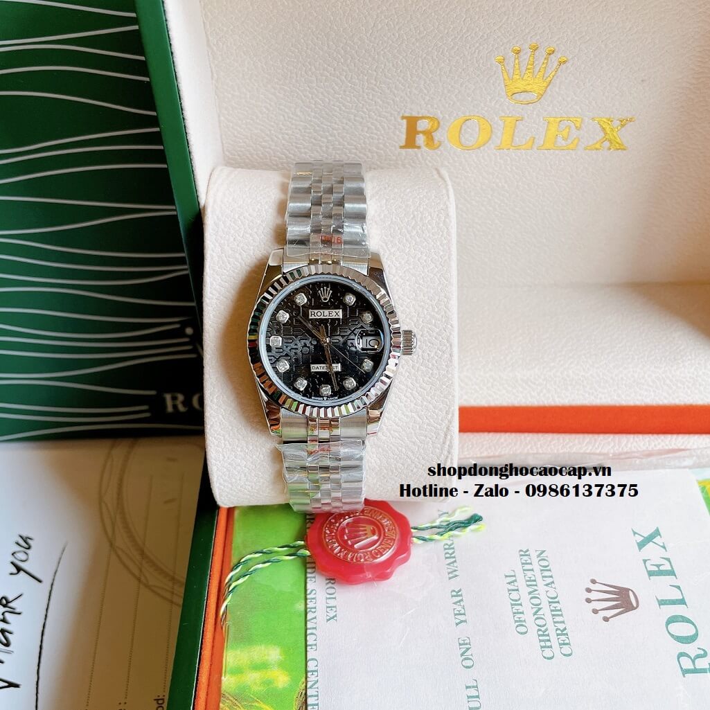 Đồng Hồ Rolex Datejust Cơ Tự Động Nữ Kim Loại Silver Mặt Đen 3D 31mm