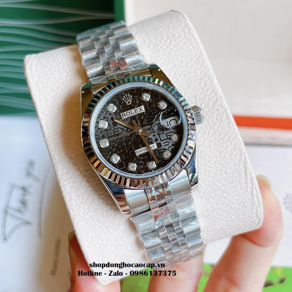 Đồng Hồ Rolex Datejust Cơ Tự Động Nữ Kim Loại Silver Mặt Đen 3D 31mm