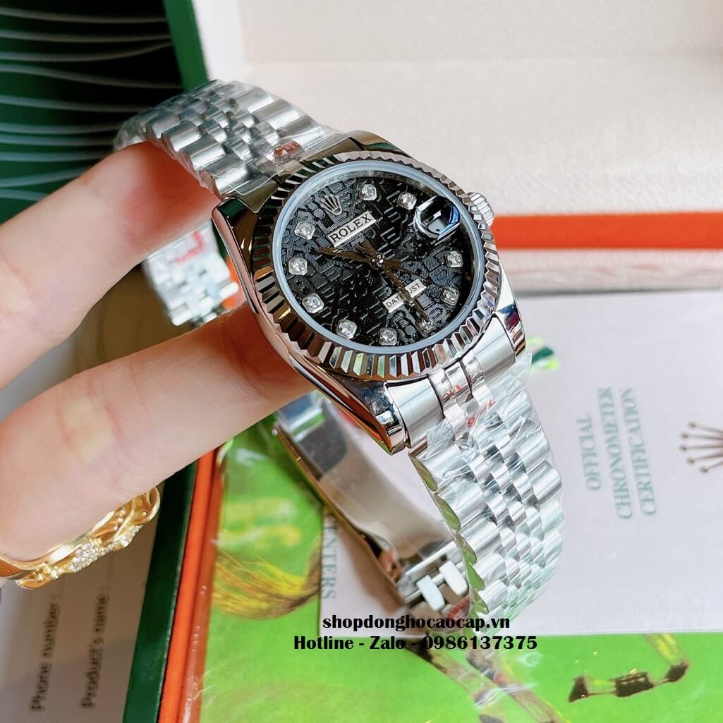 Đồng Hồ Rolex Datejust Cơ Tự Động Nữ Kim Loại Silver Mặt Đen 3D 31mm