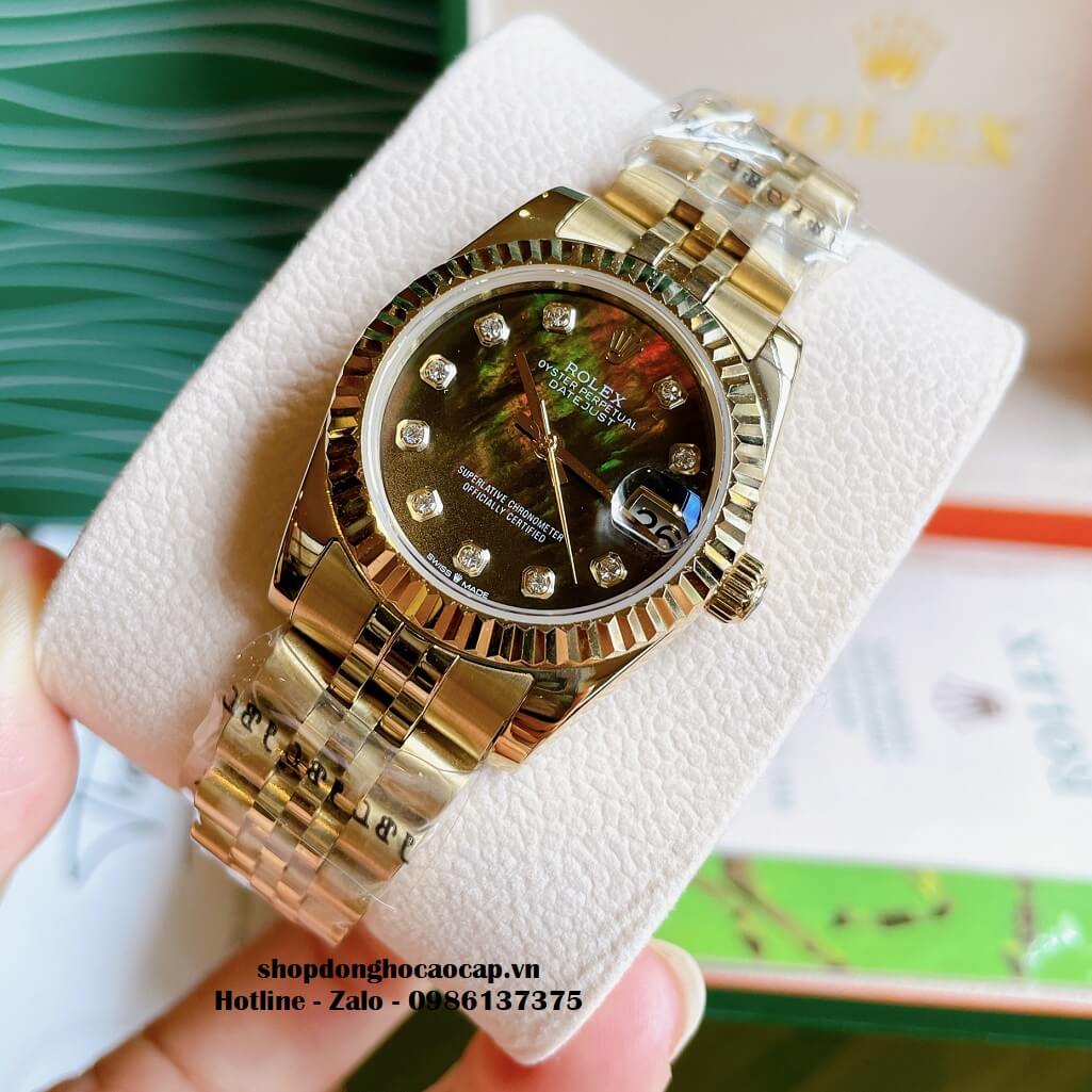 Đồng Hồ Rolex Datejust Cơ Tự Động Nữ Vàng Mặt Đen Xà Cừ 31mm