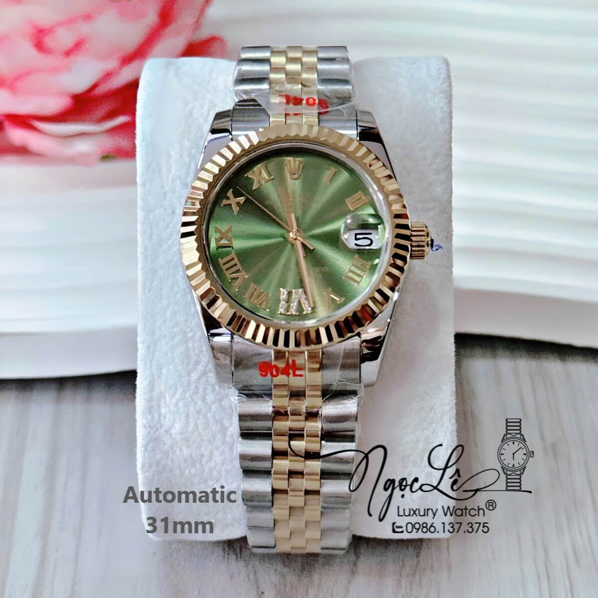 Đồng Hồ Nữ Rolex Datejust Tự Động Dây Demi Vàng Mặt Xanh Olive Niềng Khía Size 31mm Số La Mã
