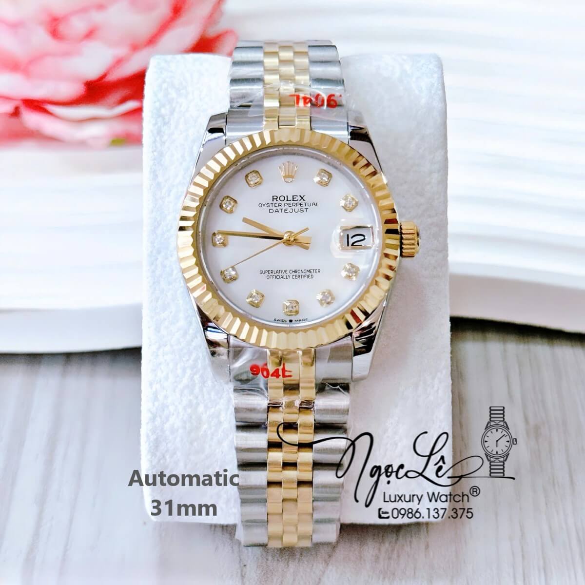 Đồng Hồ Nữ Rolex Datejust Tự Động Dây Demi Vàng Mặt Trắng Xà Cừ Niềng Khía Size 31mm