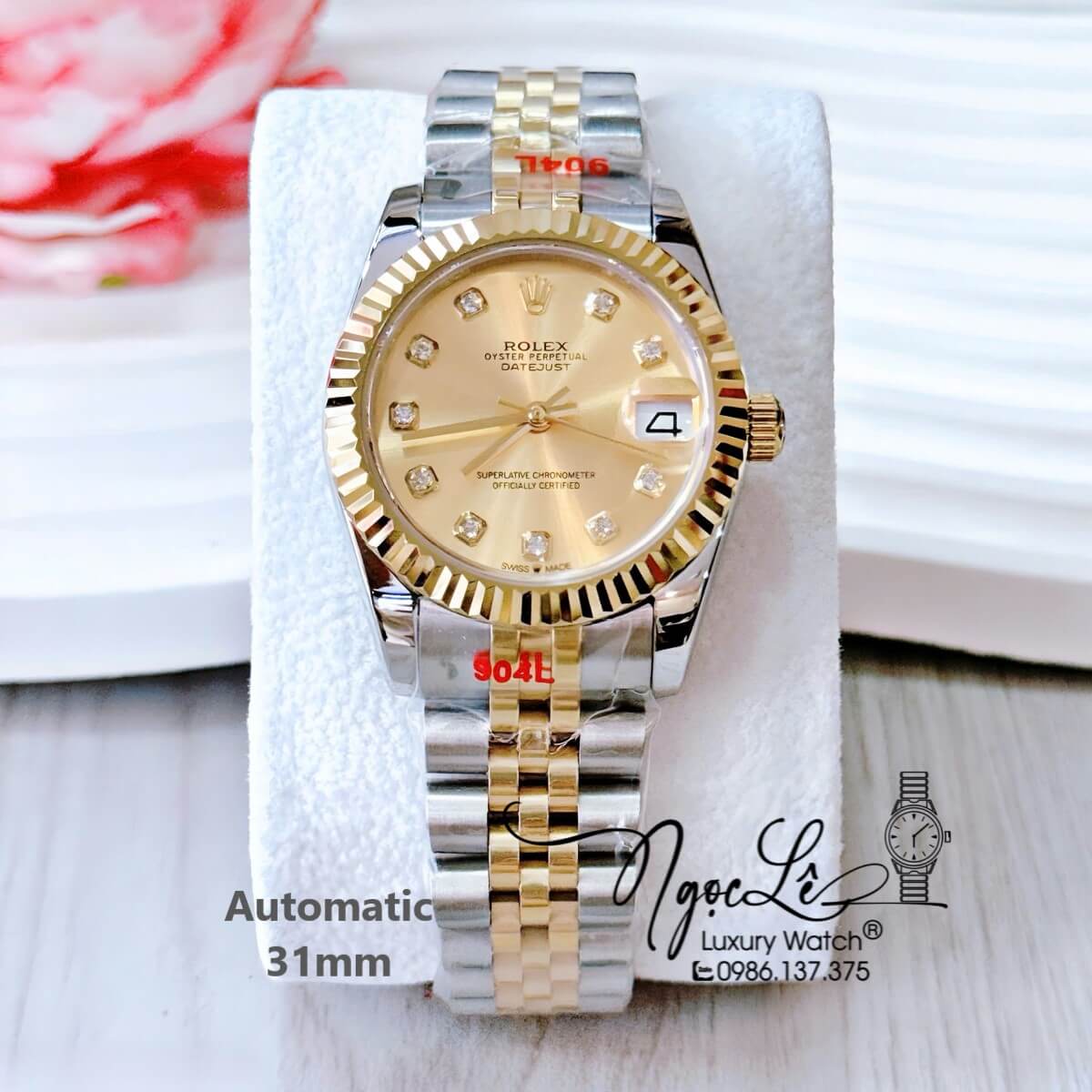Đồng Hồ Nữ Rolex Datejust Tự Động Dây Demi Vàng Mặt Vàng Niềng Khía Size 31mm