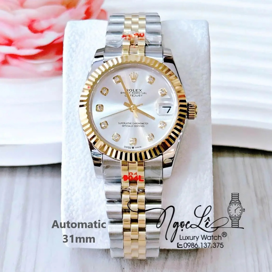 Đồng Hồ Nữ Rolex Datejust Tự Động Dây Demi Vàng Mặt Trắng Niềng Khía Size 31mm