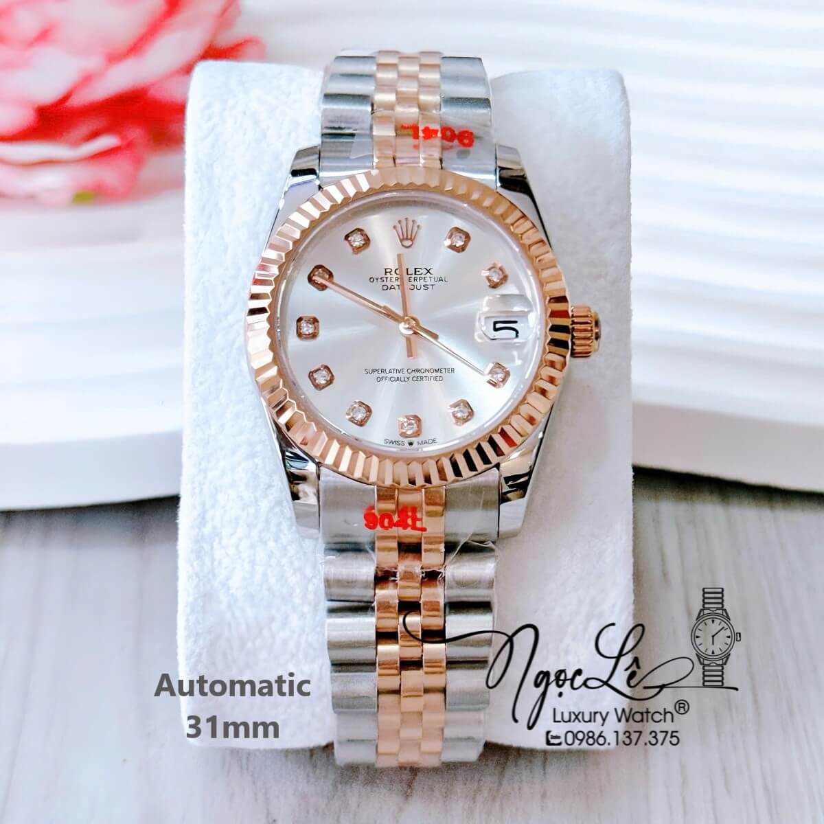 Đồng Hồ Nữ Rolex Datejust Tự Động Dây Demi Vàng Hồng Mặt Trắng Niềng Khía Size 31mm