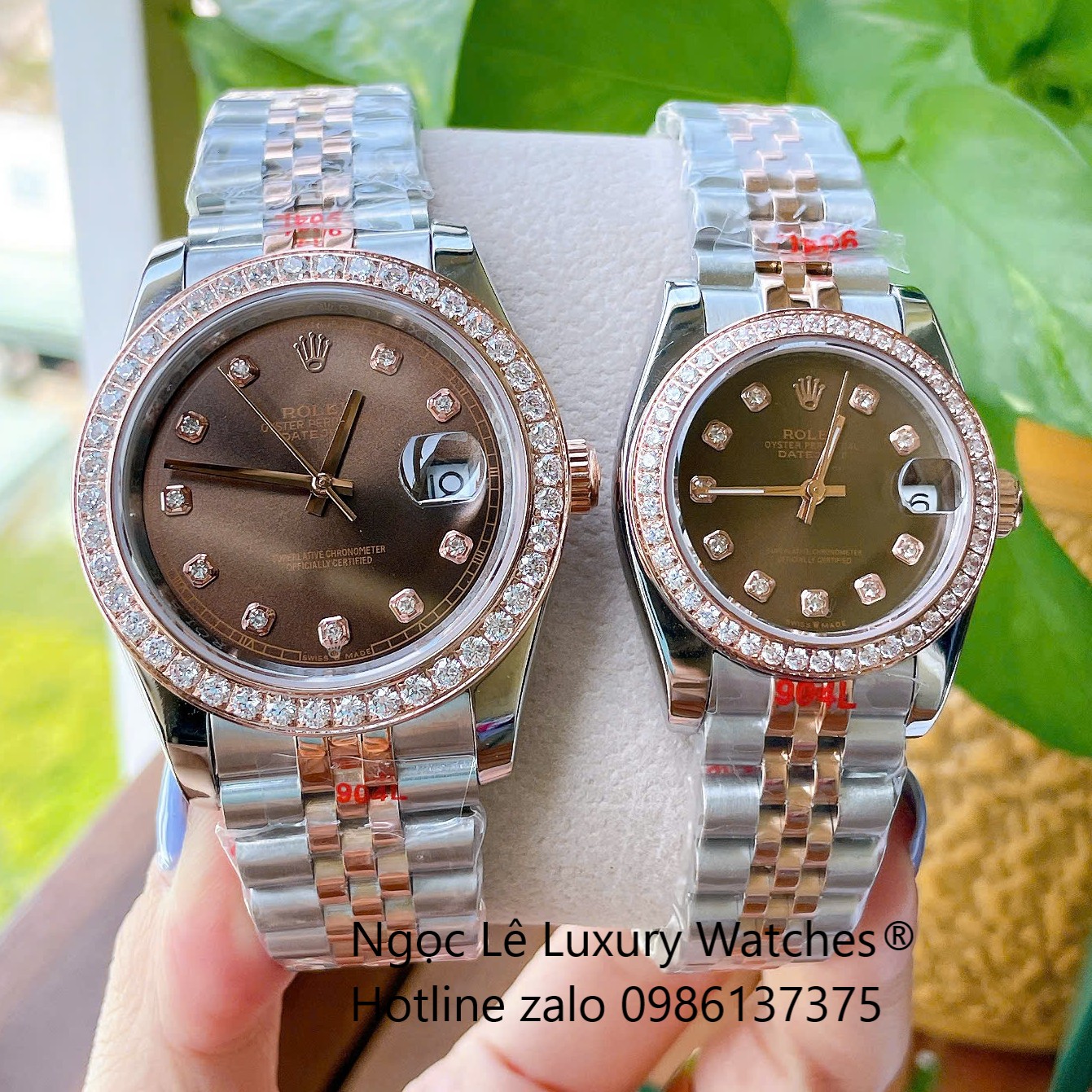 Đồng Hồ Cặp Rolex Datejust Cơ Tự Động Dây Demi Rose Mặt Nâu Size 31mm - 41mm