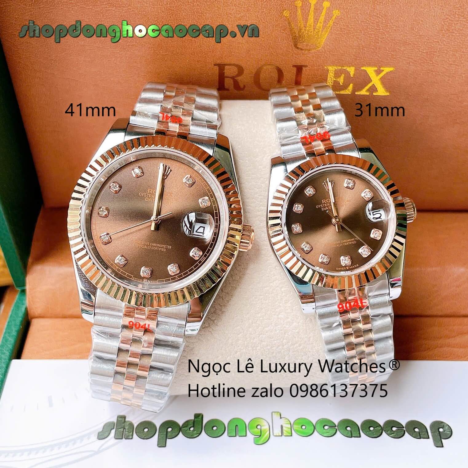 Đồng Hồ Cặp Rolex Datejust Cơ Tự Động Dây Demi Rose Mặt Nâu Size 31mm - 41mm - Niềng Khía
