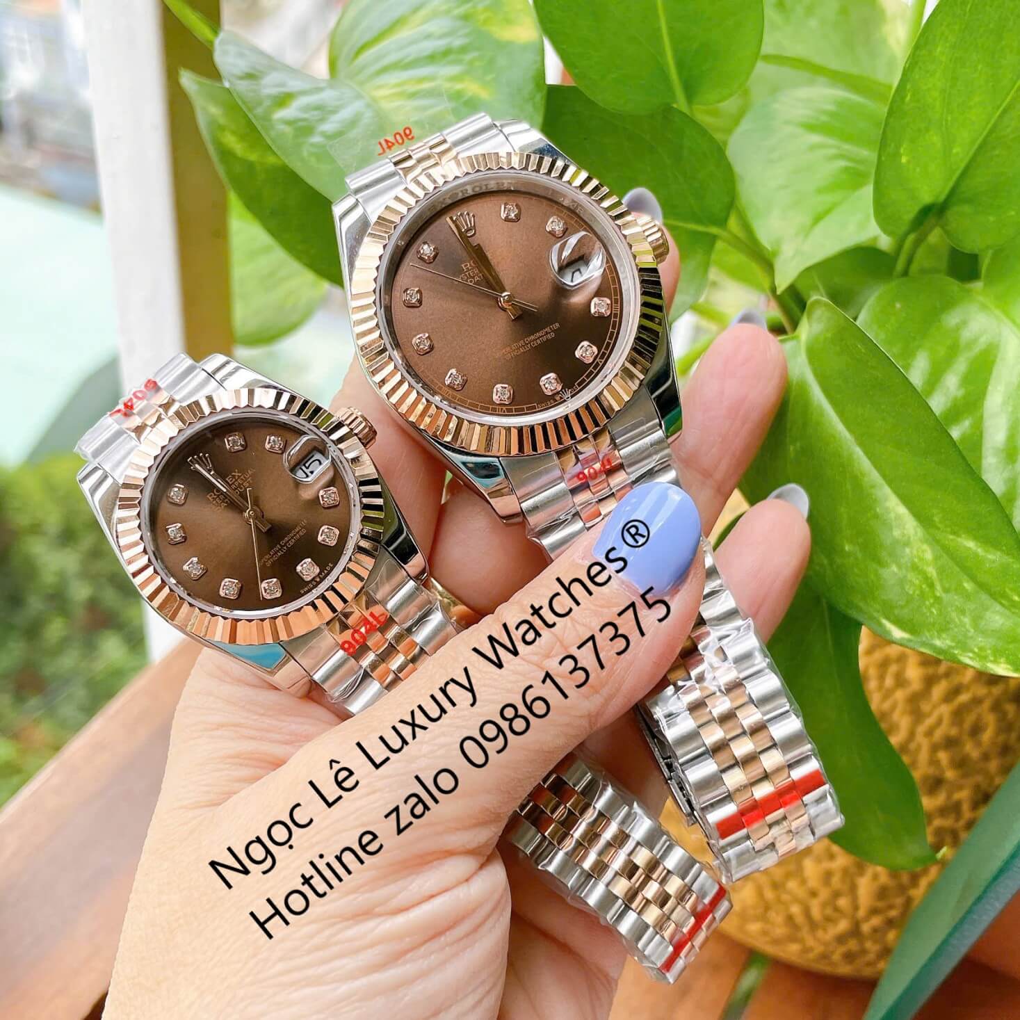 Đồng Hồ Cặp Rolex Datejust Cơ Tự Động Dây Demi Rose Mặt Nâu Size 31mm - 41mm - Niềng Khía