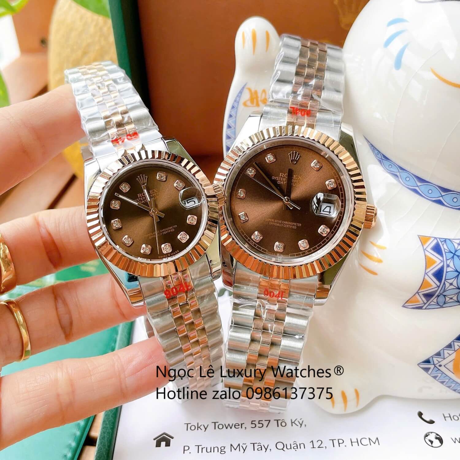 Đồng Hồ Cặp Rolex Datejust Cơ Tự Động Dây Demi Rose Mặt Nâu Size 31mm - 41mm - Niềng Khía