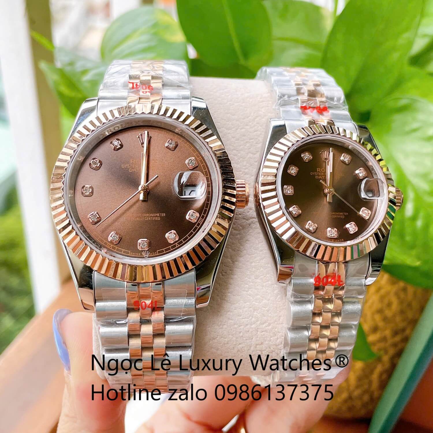 Đồng Hồ Cặp Rolex Datejust Cơ Tự Động Dây Demi Rose Mặt Nâu Size 31mm - 41mm - Niềng Khía